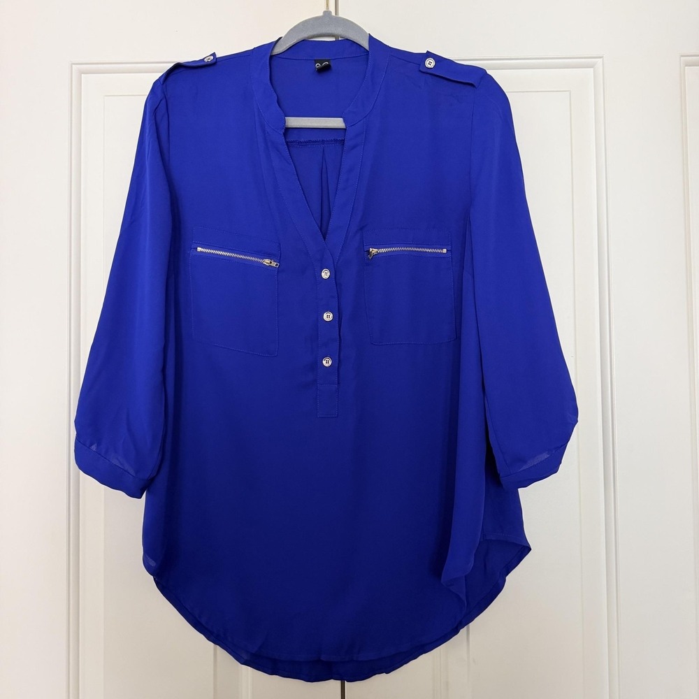 Windsor Top Womens L Blue Chiffon Henley Tunic Zip Pocket 3/4 Sleeve Blouse